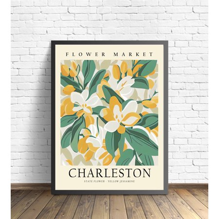 Poster Charleston South Carolina Wild Flower Market Art Print, Charleston Flower Wall Art, Yellow Jessamine Botanical Pastel Artwork-UNFRAMED