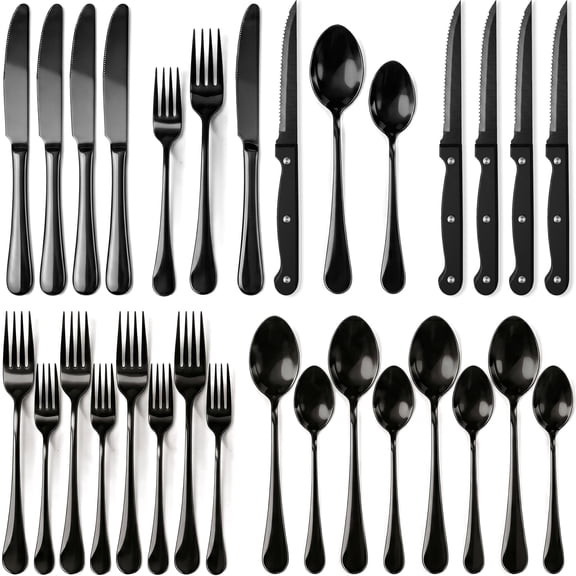 Black Silverware Set with Steak Knives, 24-Piece Flatware Set Service for 4, Thickened Stainless Steel Spoons and Forks Set, Upgraded Rust-Resistant Coating, Dishwasher Safe Cutlery Set for Gifts