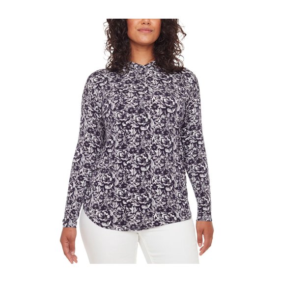 S.C. & CO. Women's Top Sz S Floral Print Long Sleeve W/Hood Blue