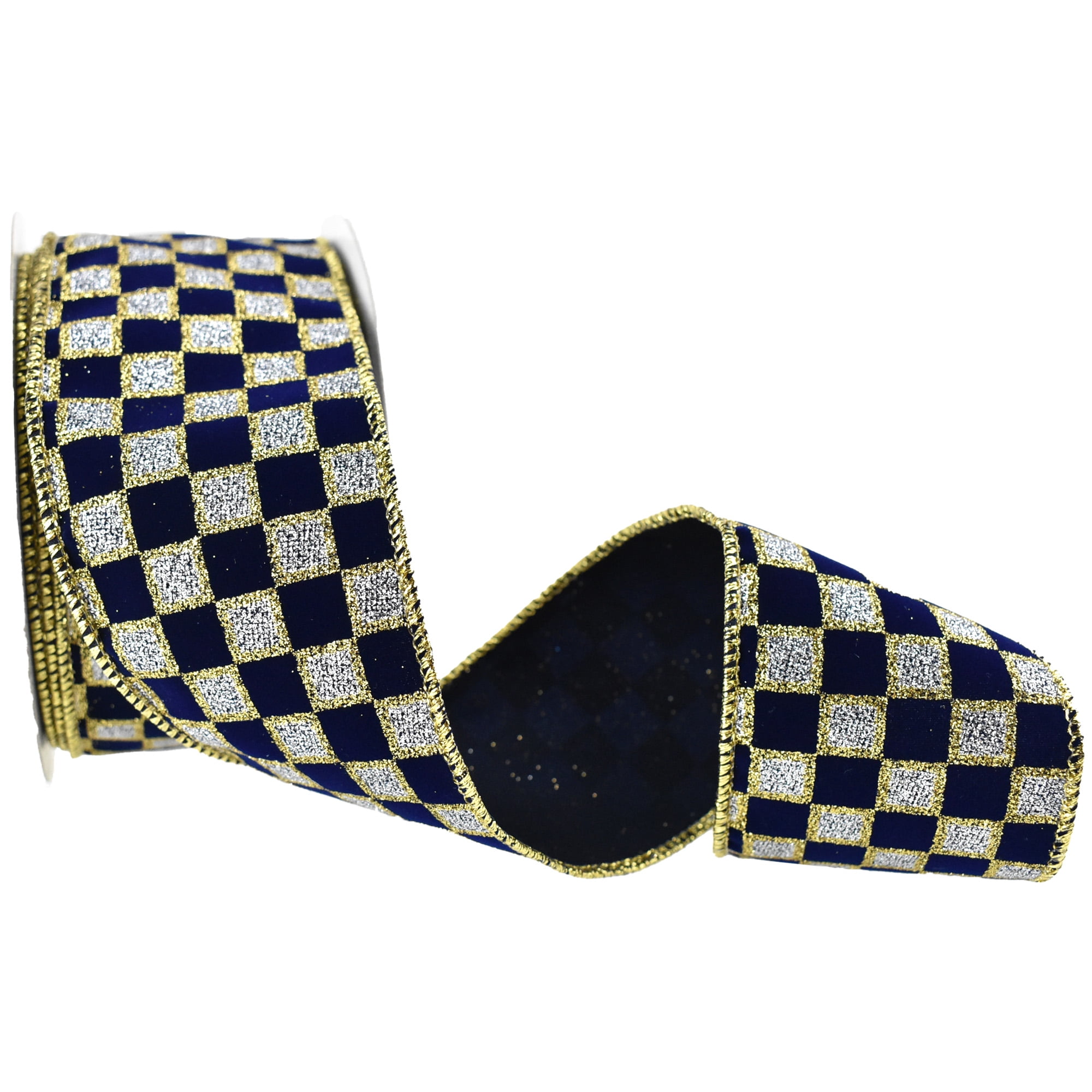 Glittered Checker Board Wired Ribbon, 2-1/2-Inch, 10-Yard - Navy Blue/Silver