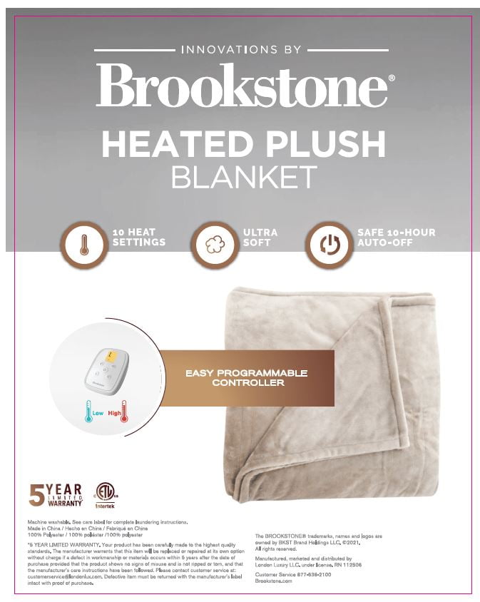 Brookstone Electric Heated Plush Blanket with Builtin Remote Grey