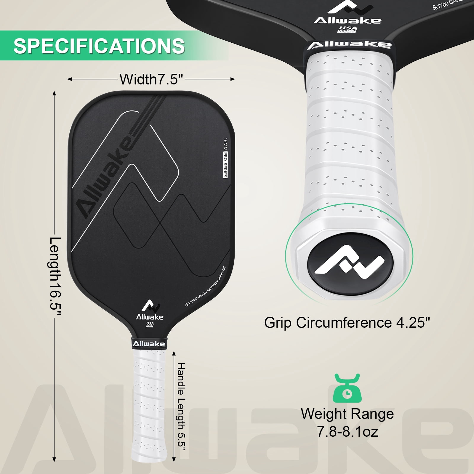 Allwake Pickleball Paddles, Multi-Layer T700 Textured Carbon Fiber Pickleball Paddle, USAPA Approved Pickle Ball Paddle, Strong Power and Spin Surface