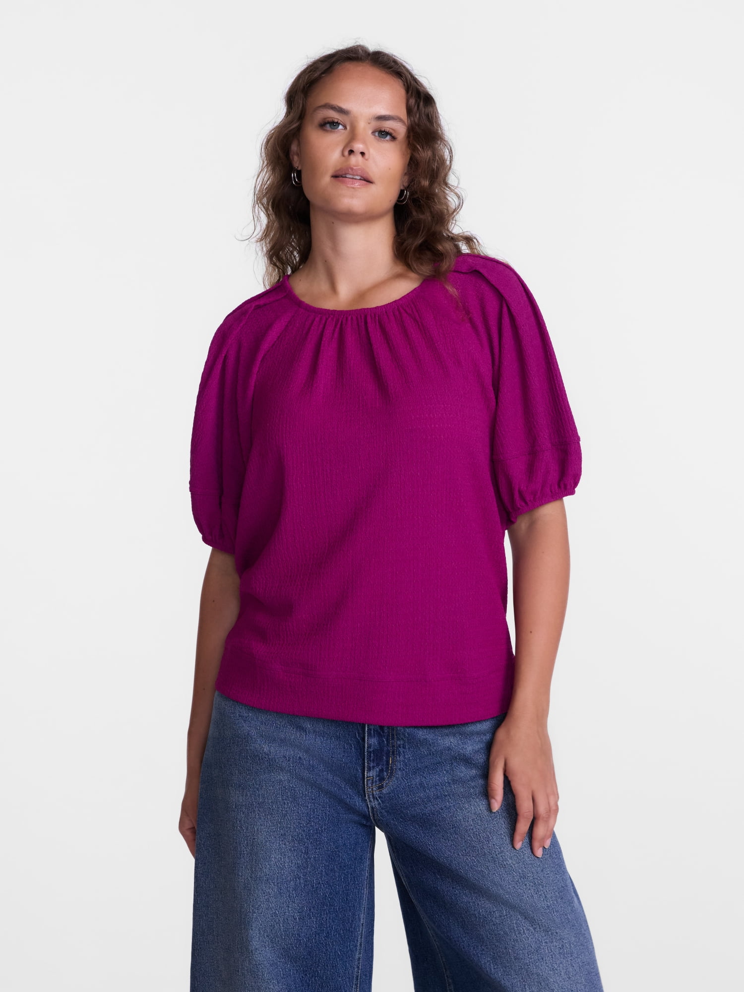 Scenario Women's Textured Top with Short Puff Sleeves, Sizes XS-XXXL