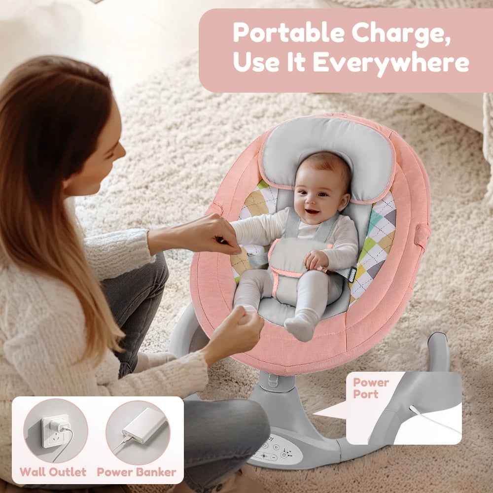 Electric Baby Swing, Caveen Infant Swing Rocker with Remote Control, 5 Sway Speeds, Bluetooth Music, Pink
