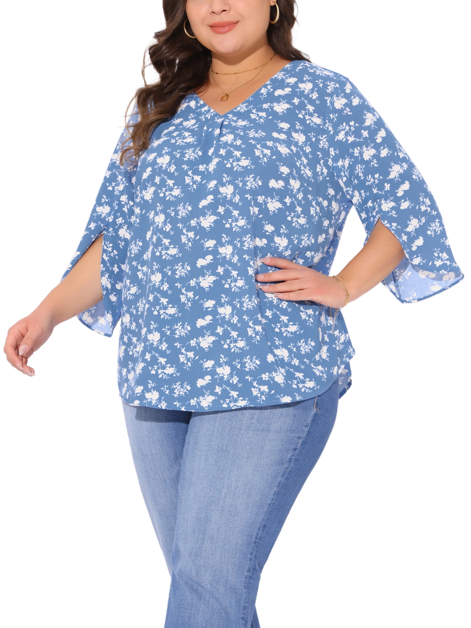 Women's Plus Spring Tops 3/4 Sleeve V Neck Chiffon Work Dressy Casual Shirt 3X Blue