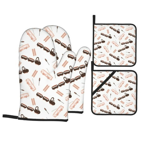 

Oven Mitts and Pot Holders 4 Piece traffic Train Pattern High Heat Slip Resistant Oven Mitt and Trivets Set Kitchen Oven Glove Pot Holders for Cooking Baking Grilling