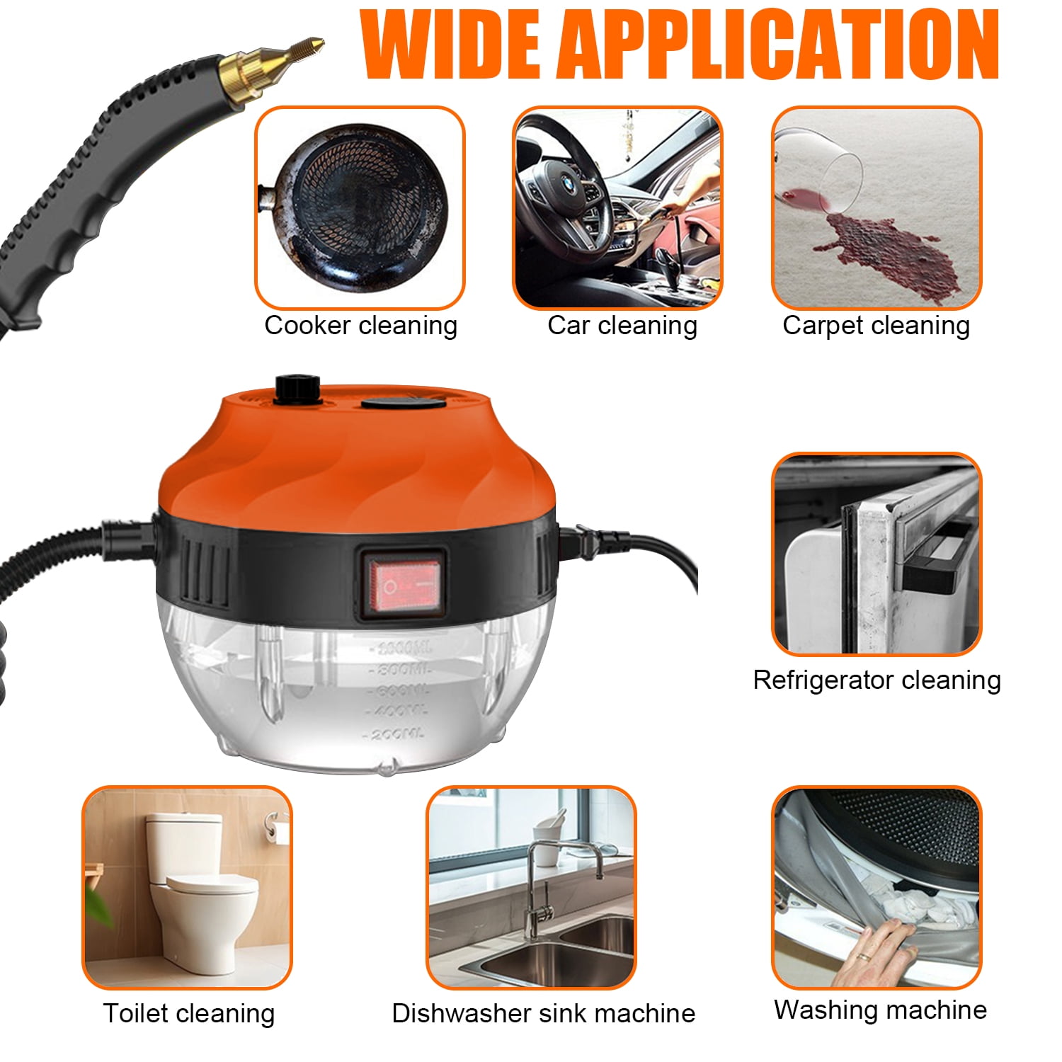 Audessy High Pressure Steam Cleaner, 1500W Portable Handheld High Temperature Steam Cleaner for Clean Range Hoods, Air Conditioners, Refrigerators, Stoves, Car Engines, Orange