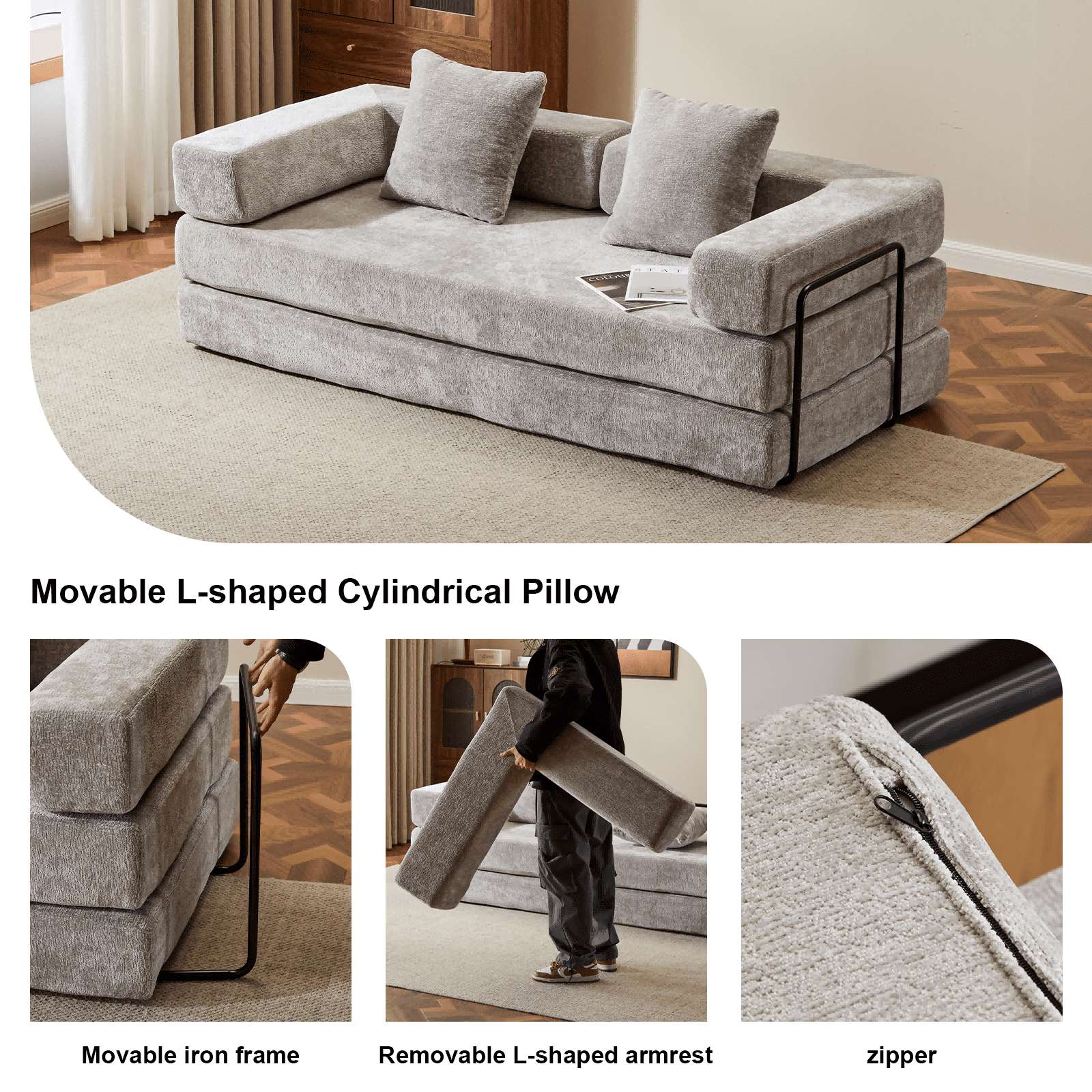 Alvantor 77" Convertible Sofa Bed, Compression Couch with 2 Pillow and Back Support Armrest for Living Room, Light Gray