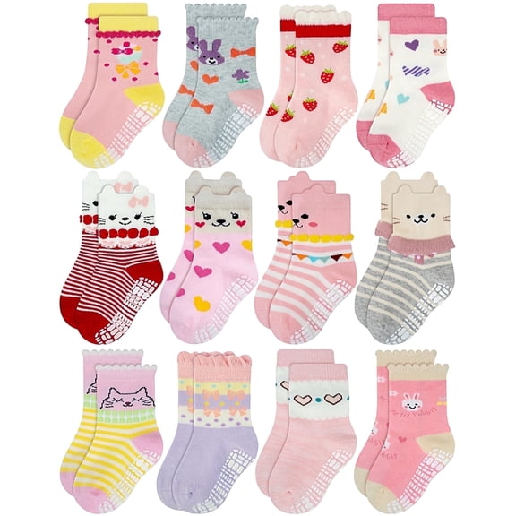 RATIVE Non Skid Anti Slip Cotton Dress Crew Socks With Grips For Baby Infant Toddler Kids Girls, 0-6 Months, RG-820821