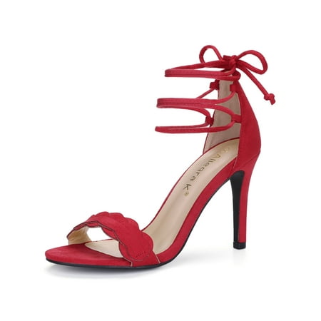 Women Scalloped Stiletto High Heel Lace Up Sandals Red US 7 | Walmart ...