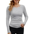thumbnail image 1 of Womens Ribbed Long Sleeve Crewneck Casual Slim Basic Shirts Fitted Knit Tops Flower Gray S, 1 of 6