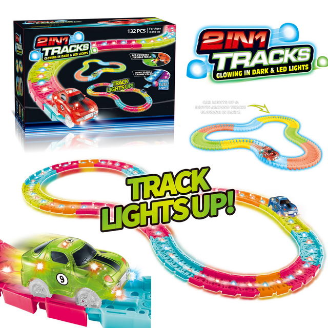Tradeopia 2-in-1 Tracks Glow in Dark & LED Lights Race Track Car Set