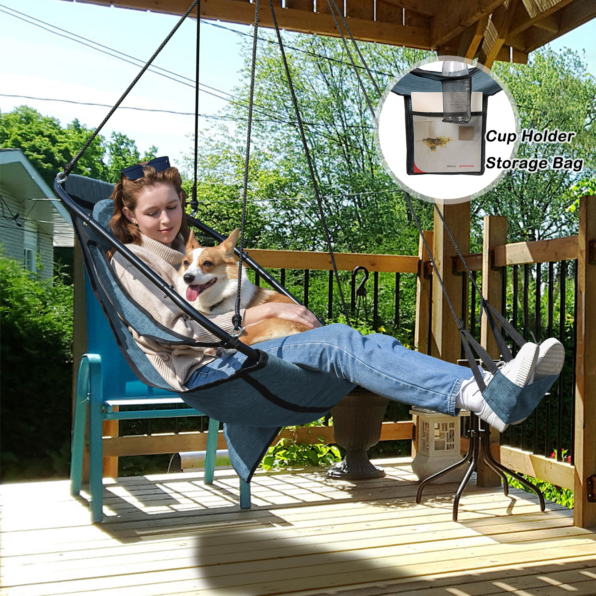 Bathonly Polyester Hammock Chair with Footrest, Max 330 lbs Capacity, Blue. G1-0018BU