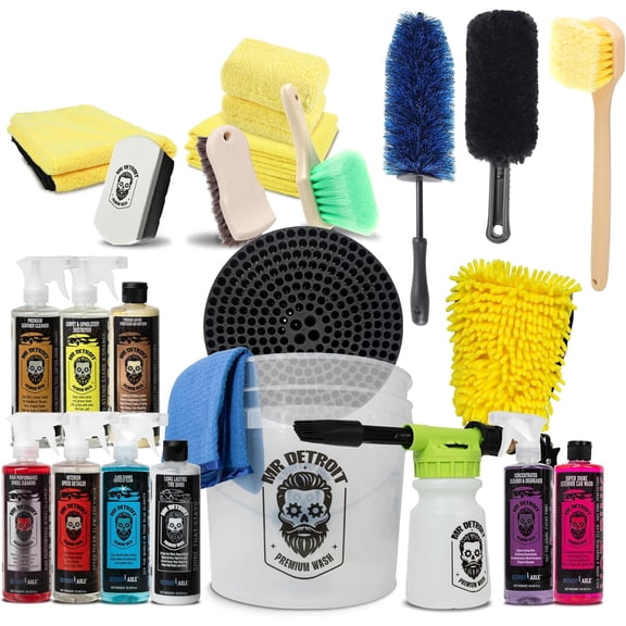 Mr. Detroit - 23pc Car Wash Kit with Foam Blaster, Bucket, Car Care Cleaners, Towels, Wash Glove, Brushes, Leather Conditioner, Sponge Pads, Exterior and Interior Detailing for Vehicles