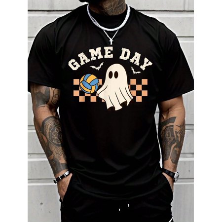 100% Cotton Game Day Ghost Playing Volleyball Halloween Volleyball Mom T-Shirt Street Hip-Hop Style Men's T-Shirt