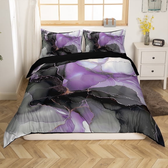 Erosebridal Black Purple Marble Bedding King Size Watercolor Aesthetic Duvet Cover, Abstract Marbling Bed Set Stone Pattern Comforter Cover, Gold Metallic Quilt Cover Bedroom Decor
