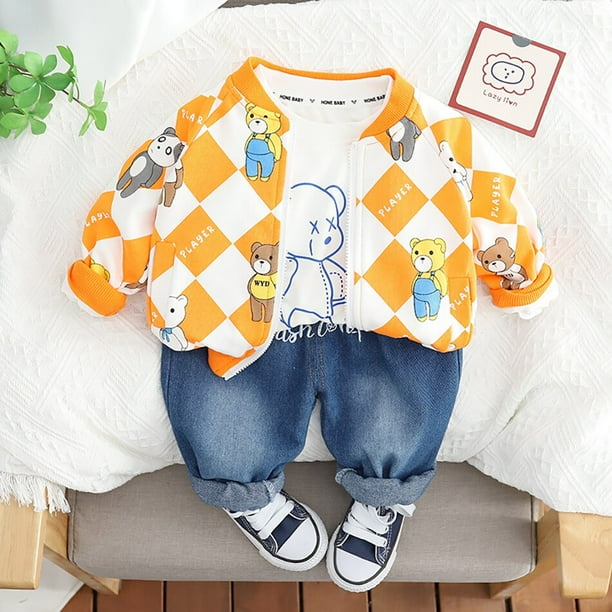 Conjuntos de ropa para niños Bebés Niños Primavera Otoño Ropa de mezclilla Conjunto lindo de tres piezas Chaleco de vaquero Abrigo Traje para niños Chaqueta + Top + Pantalones 4T (Tag120) Gao Jinjia LED
