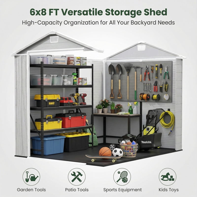 Homall 6x8ft Outdoor Resin Storage Shed with Window,Weather-Resistant, Easy Assembly, Wood-Effect Outdoor Shed for Garden & Tool Storage ,Light Gray