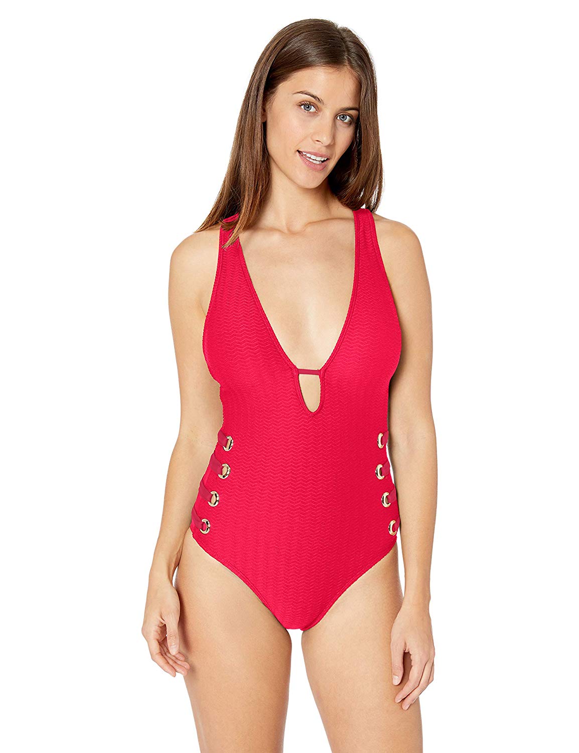 red plunge one piece swimsuit