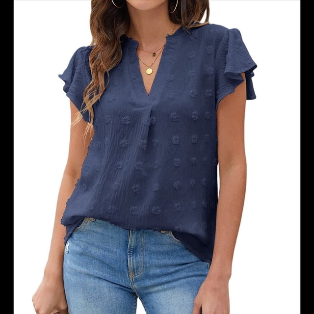 Blusa de Mujer con Cuello en V y Mangas con Volantes, Blusas Holgadas, Elegantes, Casuales, Lindas, para Verano Azul Marino L