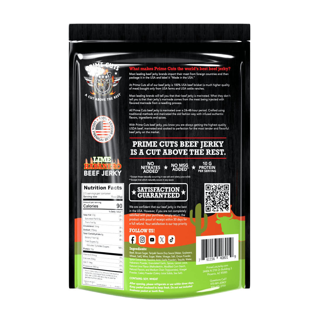 Prime Cuts Lime Habanero Beef Jerky | USDA Prime Brisket | Citrus and Fiery Heat Fusion | High-Protein, Low-Carb Snack | No Artificial Preservatives | Bold Flavor Adventure | Made in the USA