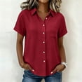 thumbnail image 2 of Womens Linen Cotton Button Down Shirts Casual Short Sleeve Lapel Collar Lightweight Breathable Summer Tops (S, Red), 2 of 9