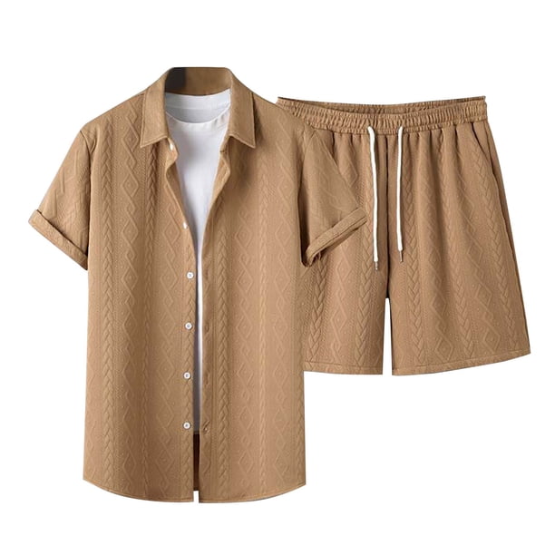 Pajama para Hombres Conjunto Suelto de Manga Corta de Dos Piezas con Solapa, Tejido de Punto de Poliéster Suave, Comodidad de Toda la Temporada para los Hombres, Ropa de Salón Casual