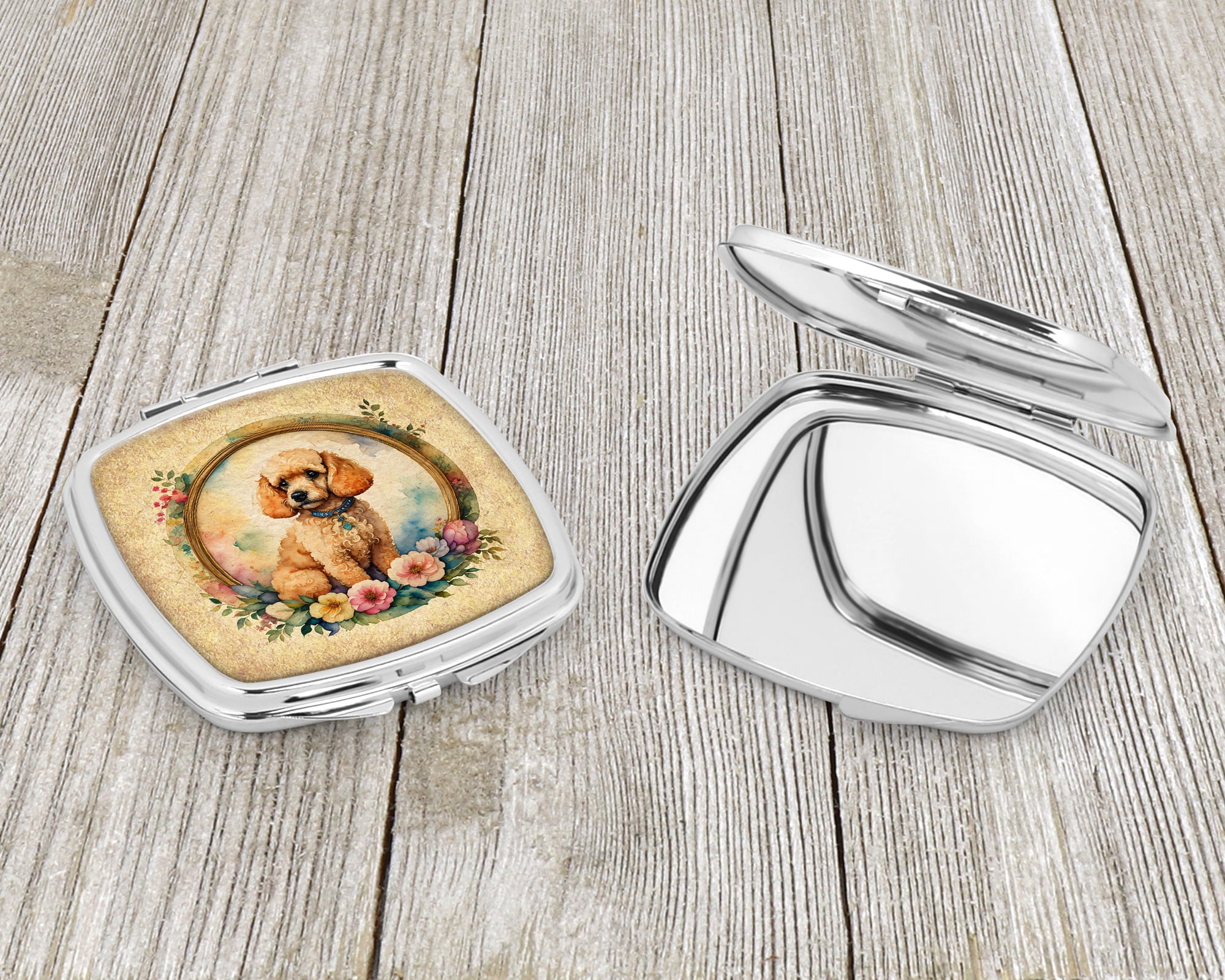 Poodle and Flowers Compact Mirror 2.75 in x 3 in