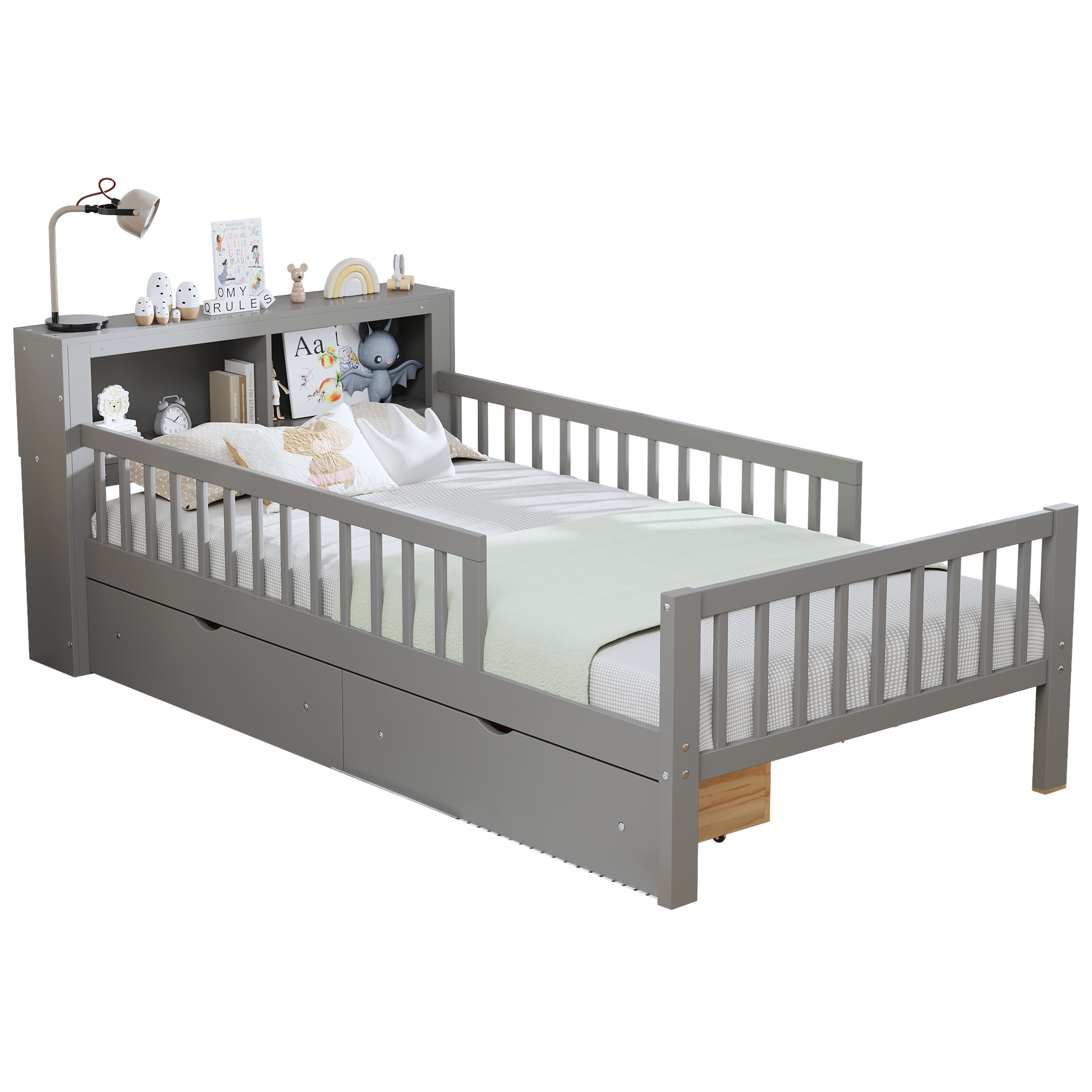 Euroco Wood Twin Size Platform Bed with Storage Headboard and Drawers, Low Profile Bed with Guardrails for Kids and Toddlers, Gray
