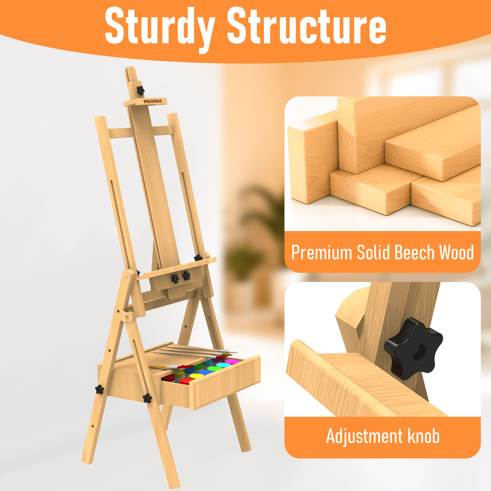 Yacona Easel for Painting, Solid Beech Wood Art Easel for Adults, Adjustable Painting Stand with Drawer, Holds up to 48"