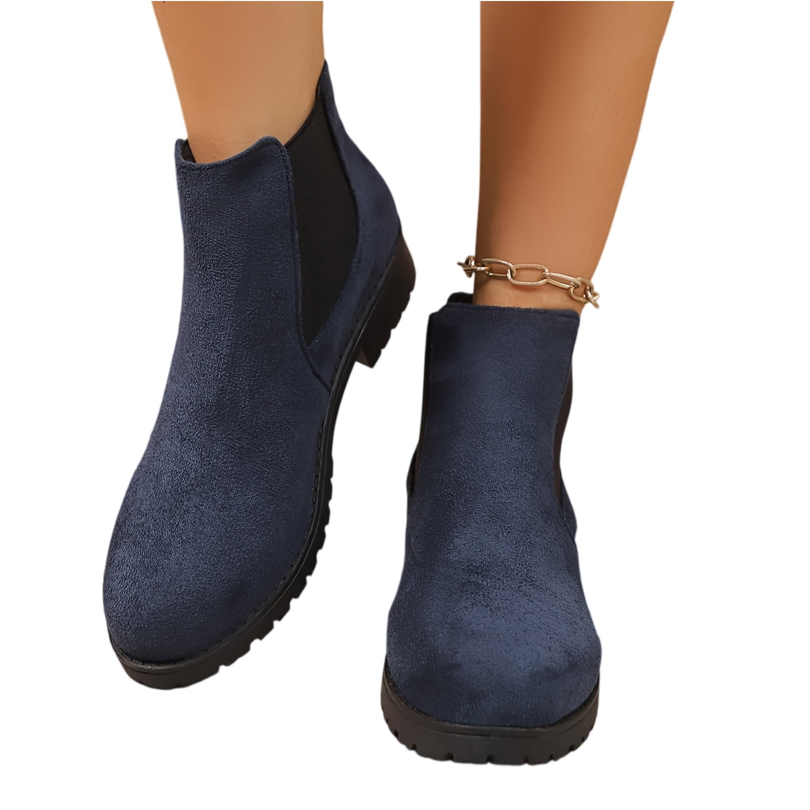 Willtoo Women's Ankle Boots Chunky Low Heels Booties Slip On Elastic Fall Short Boots Women Round Toe Casual Solid Suede Comfortable Bootie Outdoor Non-Slip Hiking Riding Boot Walking Shoes Navy