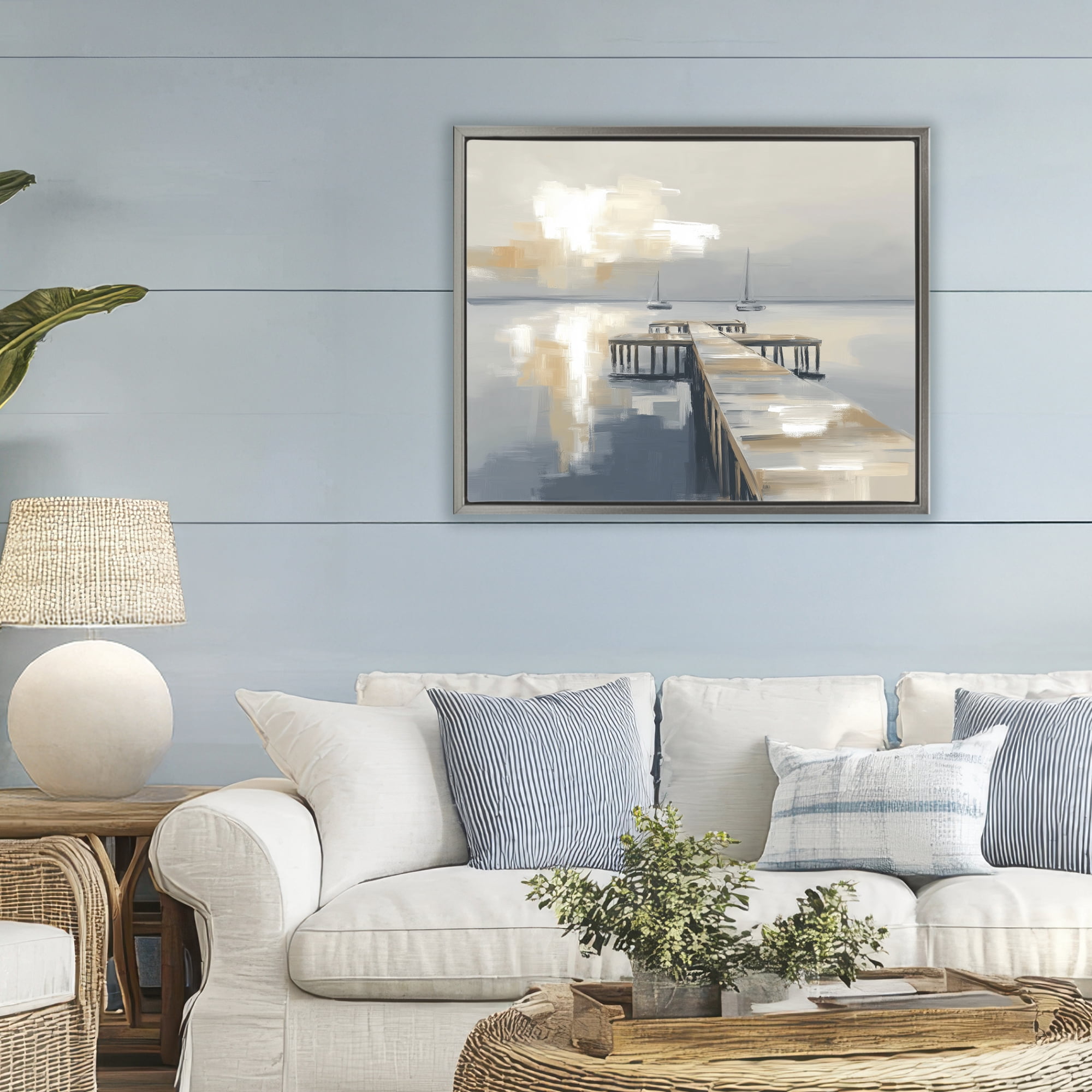 Stupell Industries Pier with Two Boats Seascape Gray Framed Floater Canvas Wall Art, design by Kim Curinga