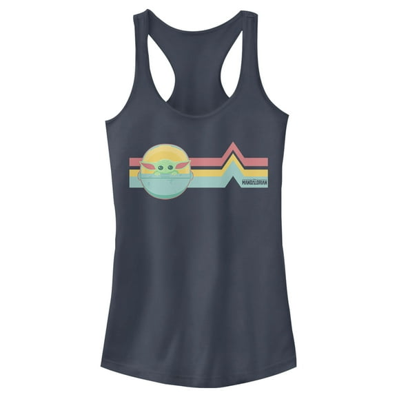 Junior's Star Wars: The Mandalorian The Child Retro Stripes Racerback Tank Top Indigo X Small