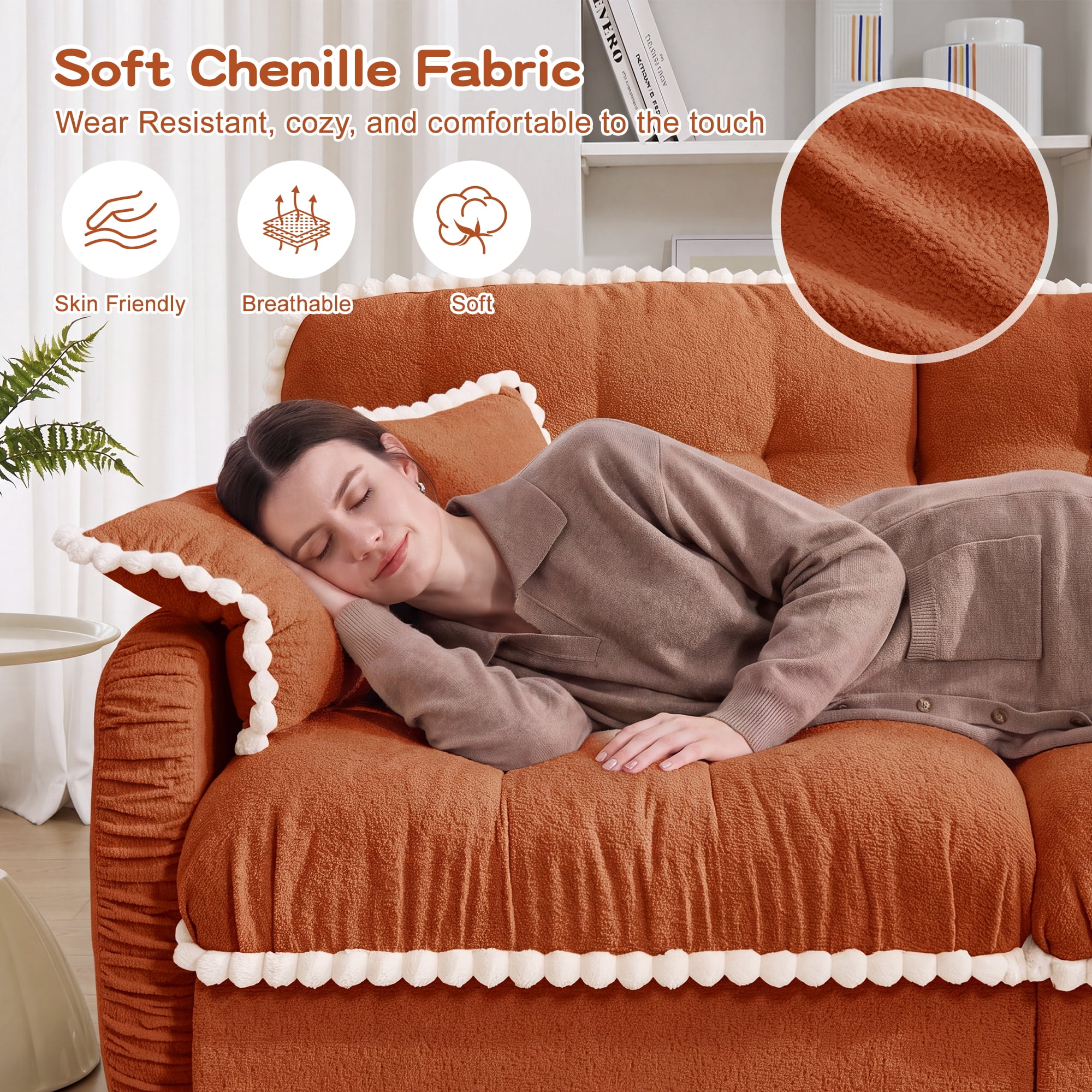 Anpport 131" Chenille Cloud 4‑Seater Sofa with 4 Pillows, Pom‑Pom Trim, Quilted Tufted Ergonomic, Easy Assembly Deep Seat for Living Room Apartment, Orange