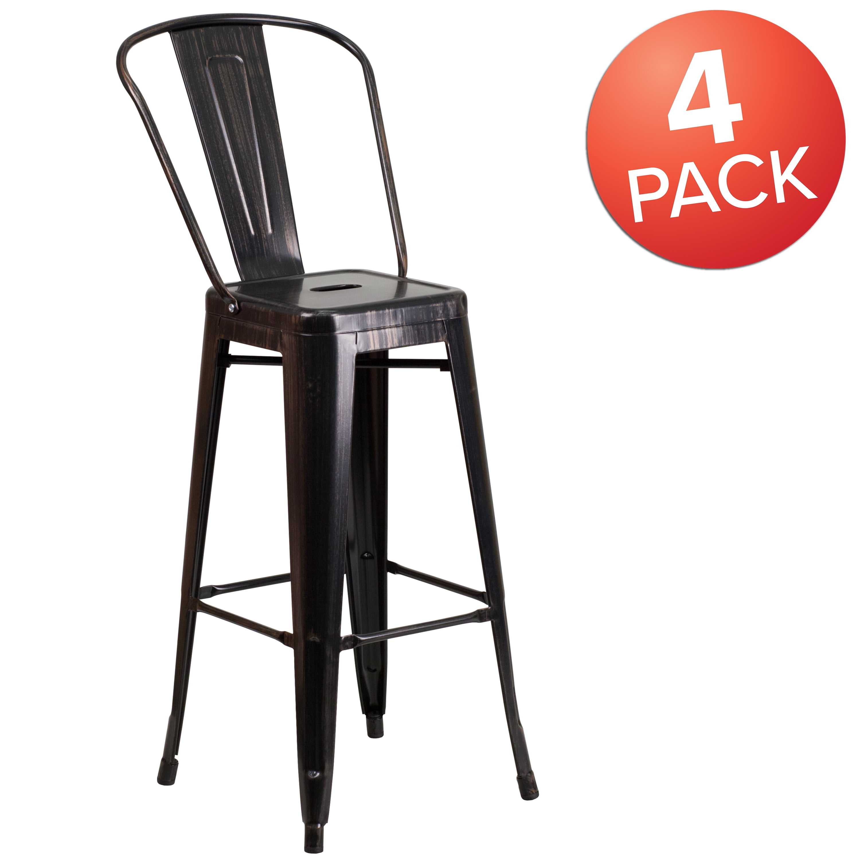 Flash Furniture Lily Commercial Grade 4 Pack 30" High Black-Antique Gold Metal Indoor-Outdoor Barstool with Removable Back