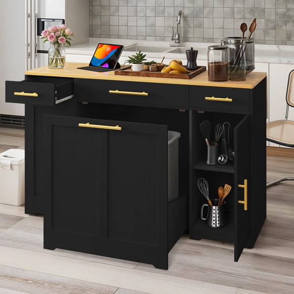 DEXTRUS 55.1” Rolling Kitchen Island Table with Drawers & Doors, Storage Kitchen Cart with Cabinet for Double 10-gal Trash Bin, Black