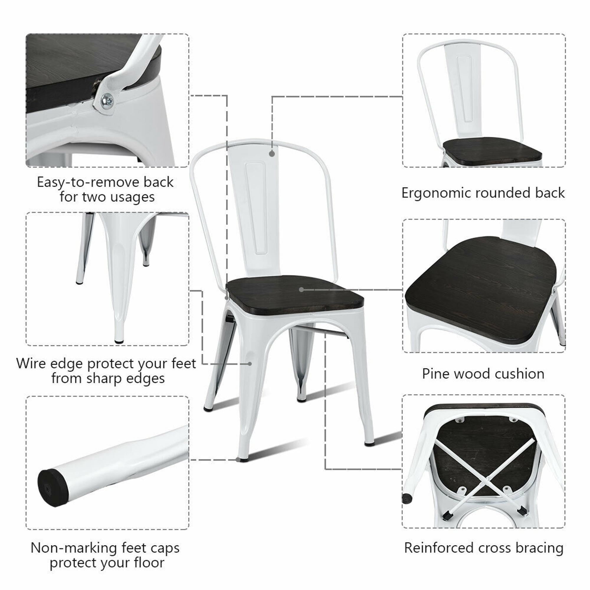 Gymax Set of 4 Wood Seat Stackable Cafe Bistro Metal Dining Side Chair