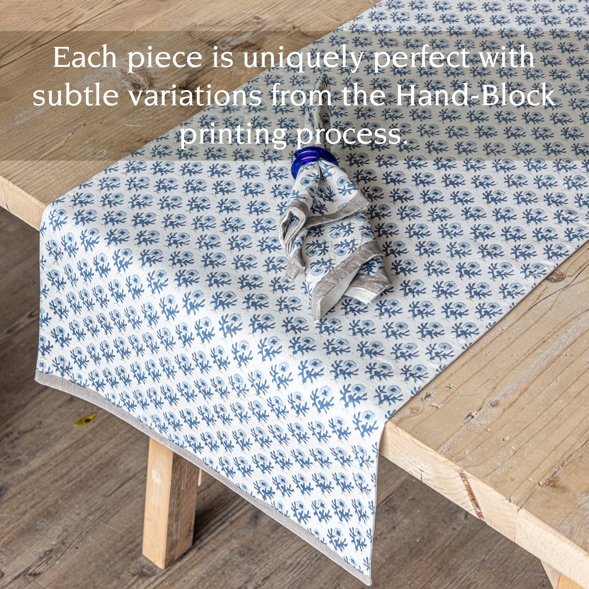 over&back 18x108 Hand-Blocked Printed Cotton Table Runner - Washable Table Runners for a Custom Home Decor Tablescape - Perfect for Coffee Table, Dinner Table, Living Room, and More - Blue Bloom