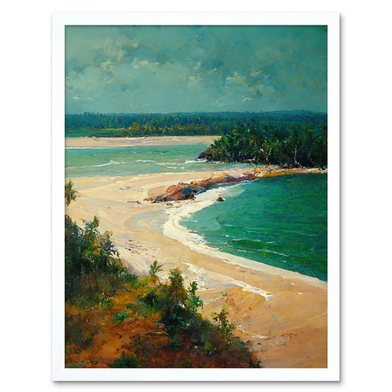 Calm Sandy Beach Cove Seascape Oil Painting Art Print Framed Poster Wall Decor 12x16 inch