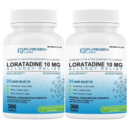 Puregen Labs Allergy Relief - Loratadine 10mg – 24 Hour Non-Drowsy Antihistamine Allergy Medicine for Runny Nose, Sneezing, Itchy, Watery Eyes - 300 Tablets - 2PK