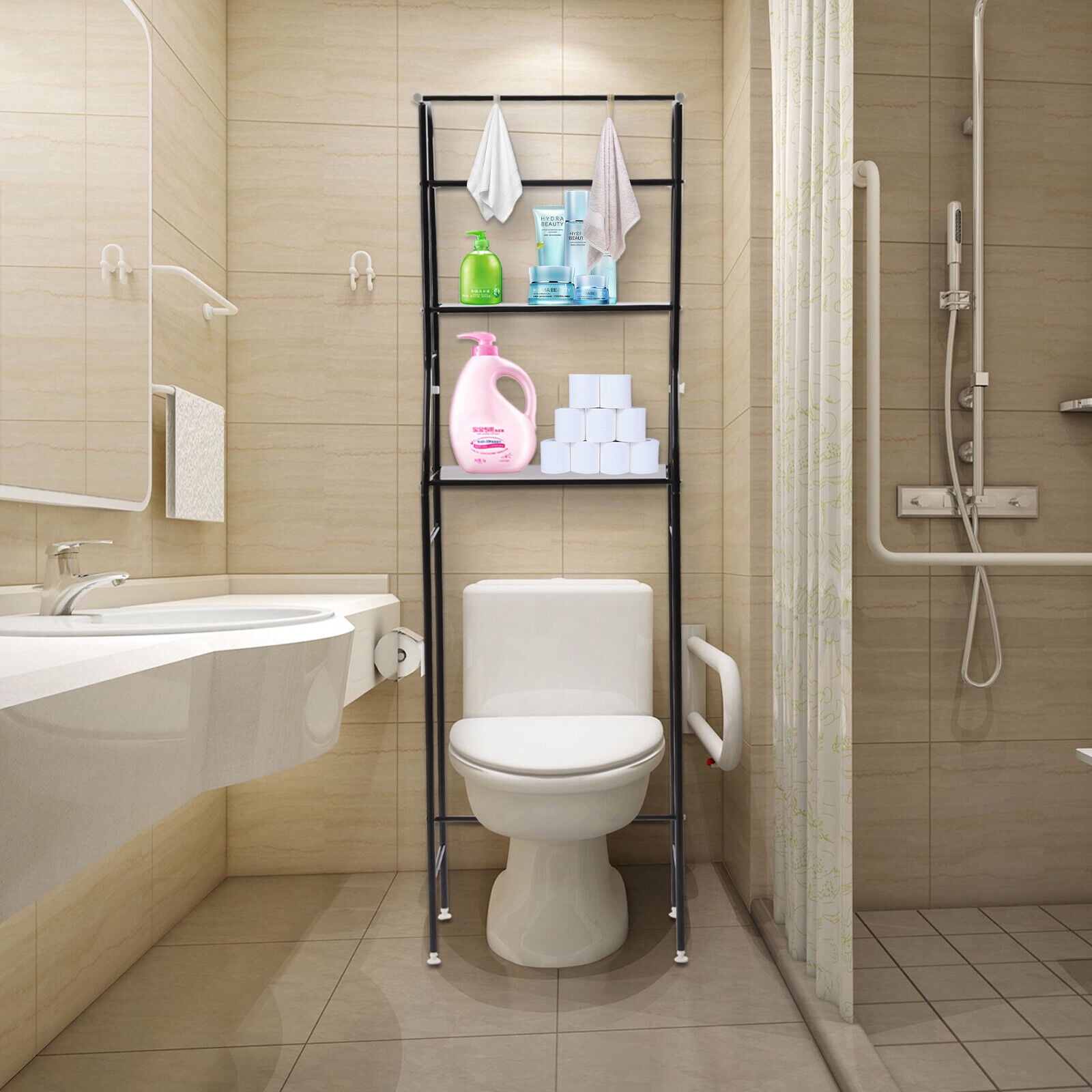 4-Tier Over The Toilet Storage Rack, Freestanding Bathroom Over Toilet Shelf Organizer Rack 63.2in Black