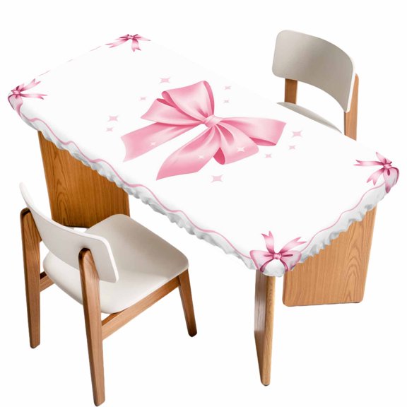 Valentine's Day Table Cloths for 5 Foot Rectangle Tables, Pink Bowknot Ribbon Modern Minimalist Art Patio Waterproof Elastic Fitted Tablecloths, Washable Rectangular Table Cover for Camping