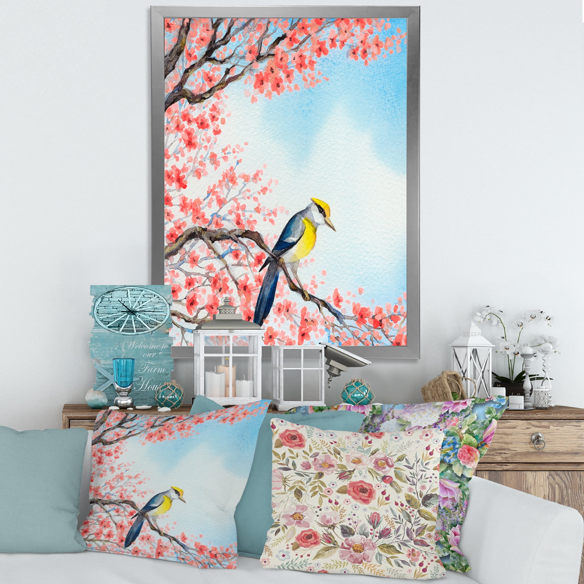 Beautiful Red Bird Sitting On Flowering Branch I 30 in x 40 in Framed Painting Canvas Art Print, by Designart