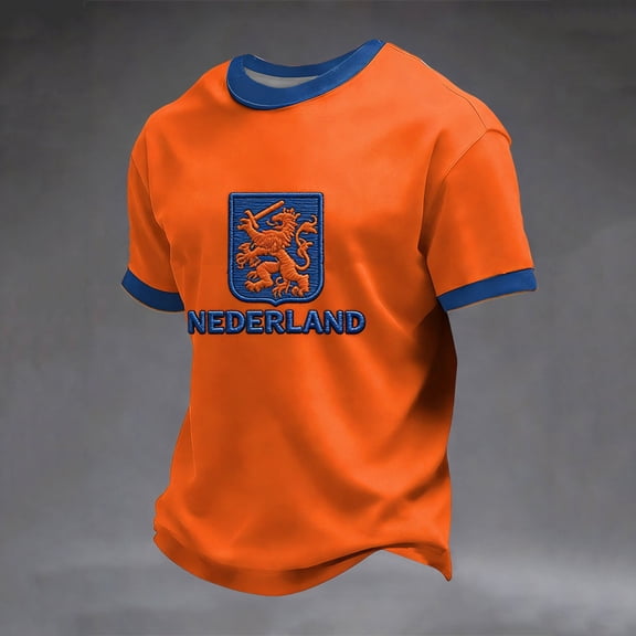 Men's Netherlands "NEDERLAND" T-Shirt with Dutch Lion Crest – Orange Short Sleeve Tee for King's Day Celebration, Soccer Matches & Casual Wear – Patriotic Crewneck Top (S-XXXXXL)