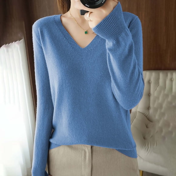 Womens V Neck Sweaters Merino Wool Seamless Sweater Long Sleeve Loose Pullover Sweaters for Women Half Turtleneck Lightweight Knit Oversized Sweaters Pullover Sweater V Neck Sweaters Blue M