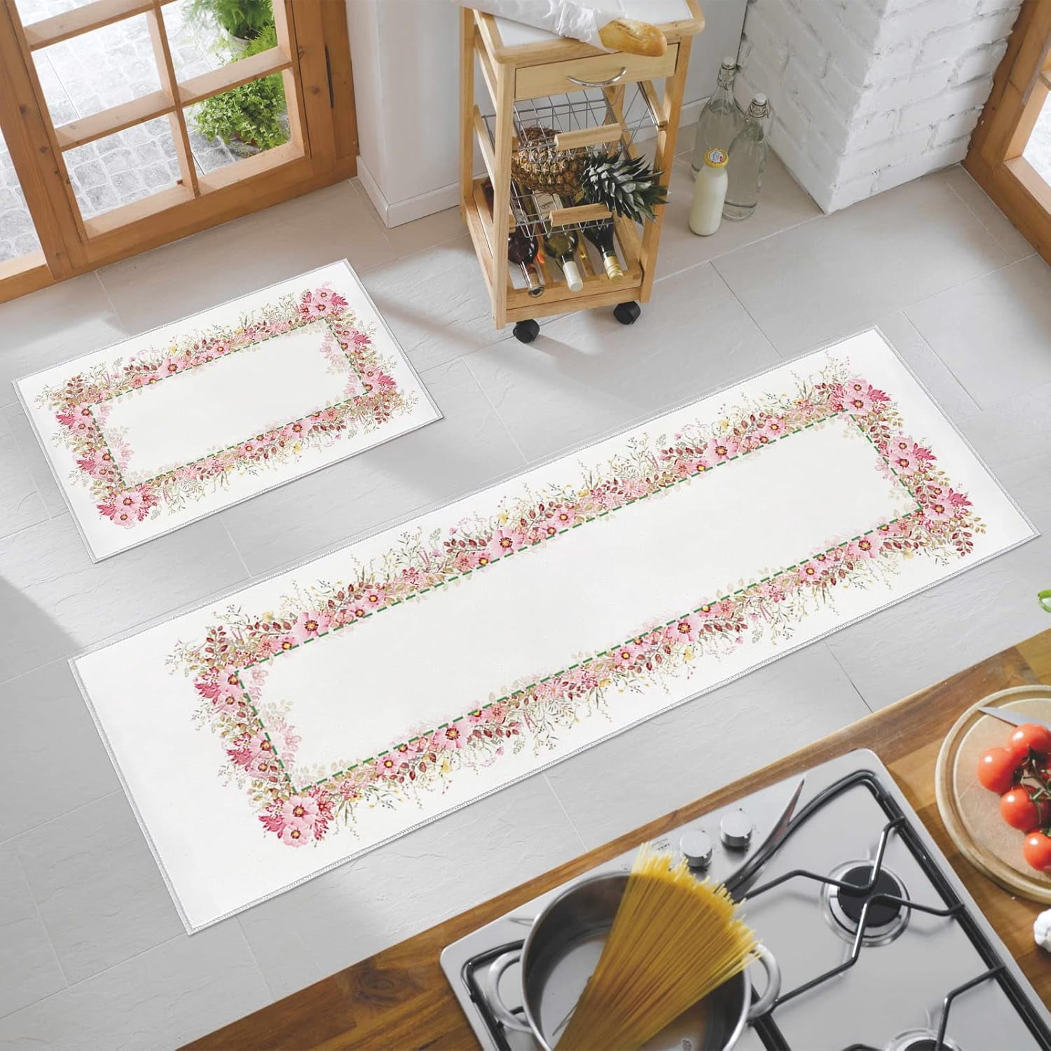 Kitchen Rugs and Mats Set of 2, Spring Pink Blossoms Flower Plant Non-Slip Floor Doormat Comfort Area Runner Rug and Mat, Pastoral Floral Indoor Entrance Carpet Home Decor