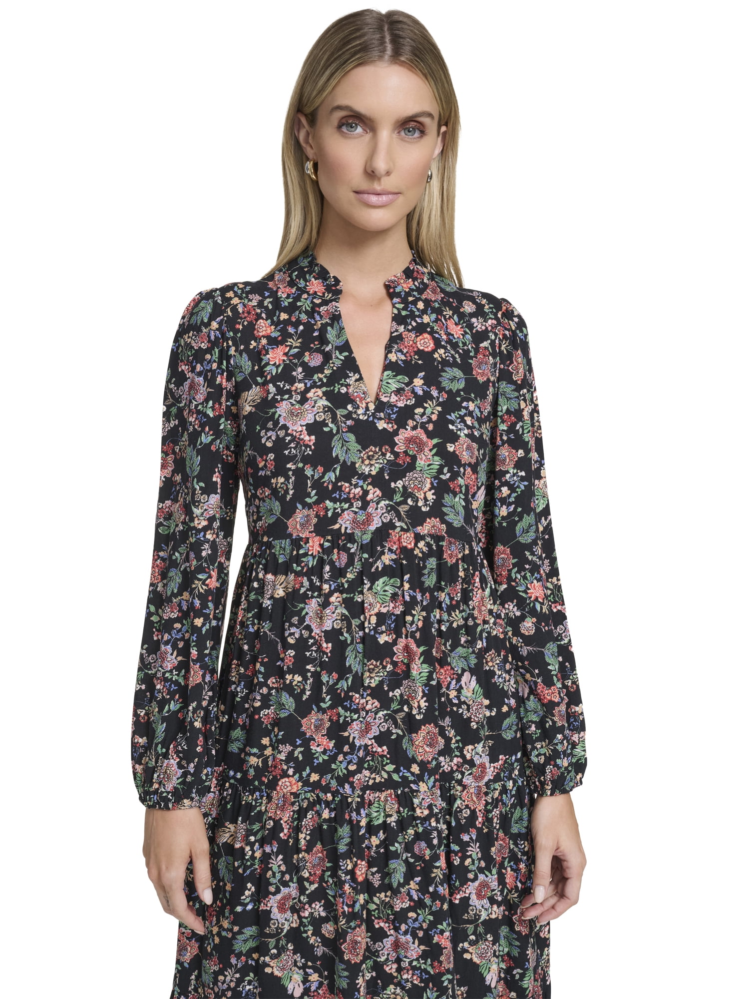 Falling Flowers Women's Notch Ruffle Collar Tiered Midi Dress, Sizes XS-XL
