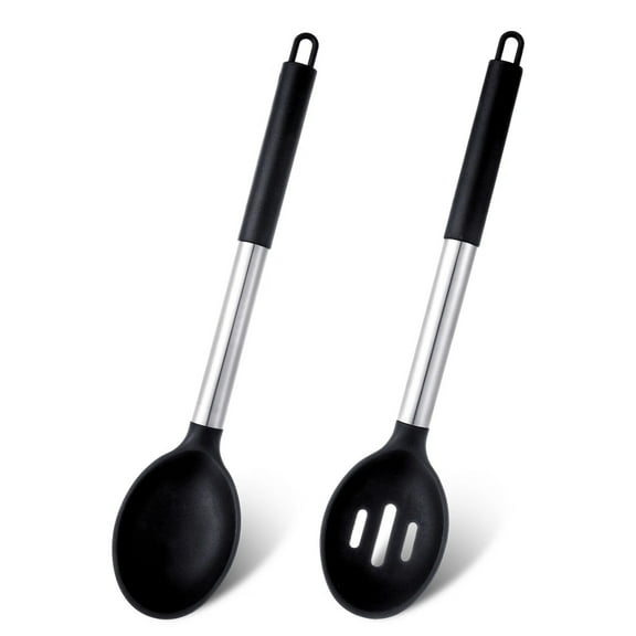 Set of 2 Large Silicone Cooking Spoons,Non-Stick Solid Basting Spoon,Heat Resistant Kitchen Utensils for Mixing,Serving,Draining,Stirring (Black)