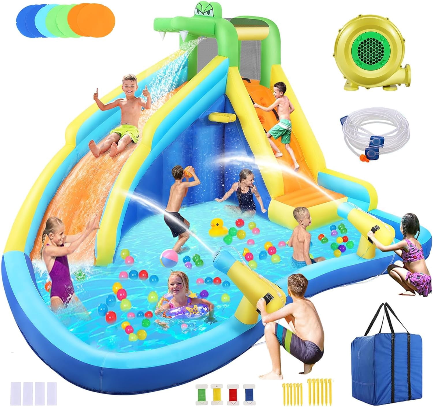 Veeboto Inflatable Water Slide, 5-in-1 Inflatable Water Park with Blower, Paddling Pool, 2 x Water Guns, Climbing Wall, Basketball Hoop, and Long Water Slide for 2-10 Years Kids