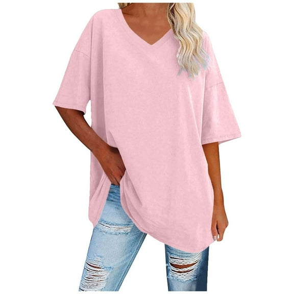 OSOLU V-Neck Short Sleeve Casual T-Shirt Tshirts Tee For Women Solid Color Loose Fit Tops Breathable Dailywear
